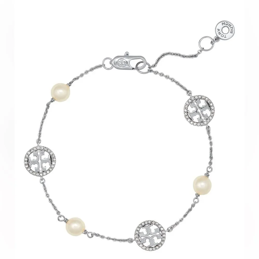 Tory Burch Crystal Logo & Pearl Station Bracelet Silver-Tone 7” Jewelry - Picture 3 of 9